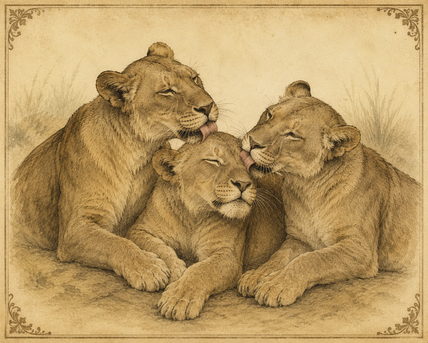 Three lionesses engaged in mutual allogrooming — one licks the head of a second while a third nuzzles in. Rendered in aged sepia natural history illustration style.