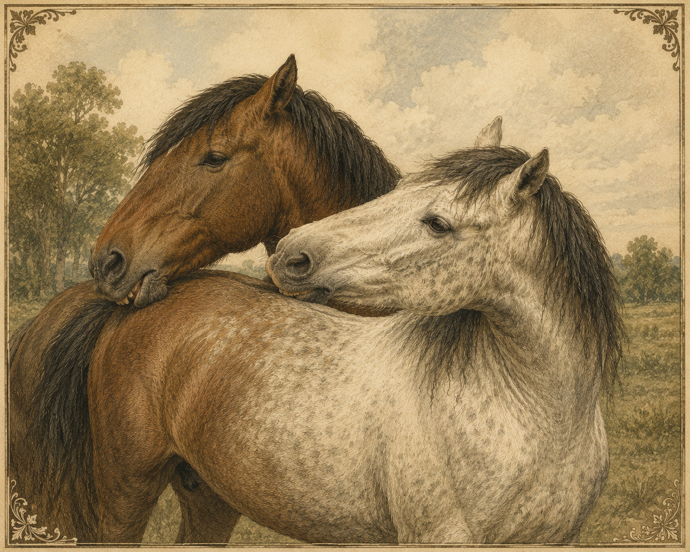 Two horses — one chestnut, one dapple grey — engaged in mutual neck-grooming, facing opposite directions. Natural history illustration style.