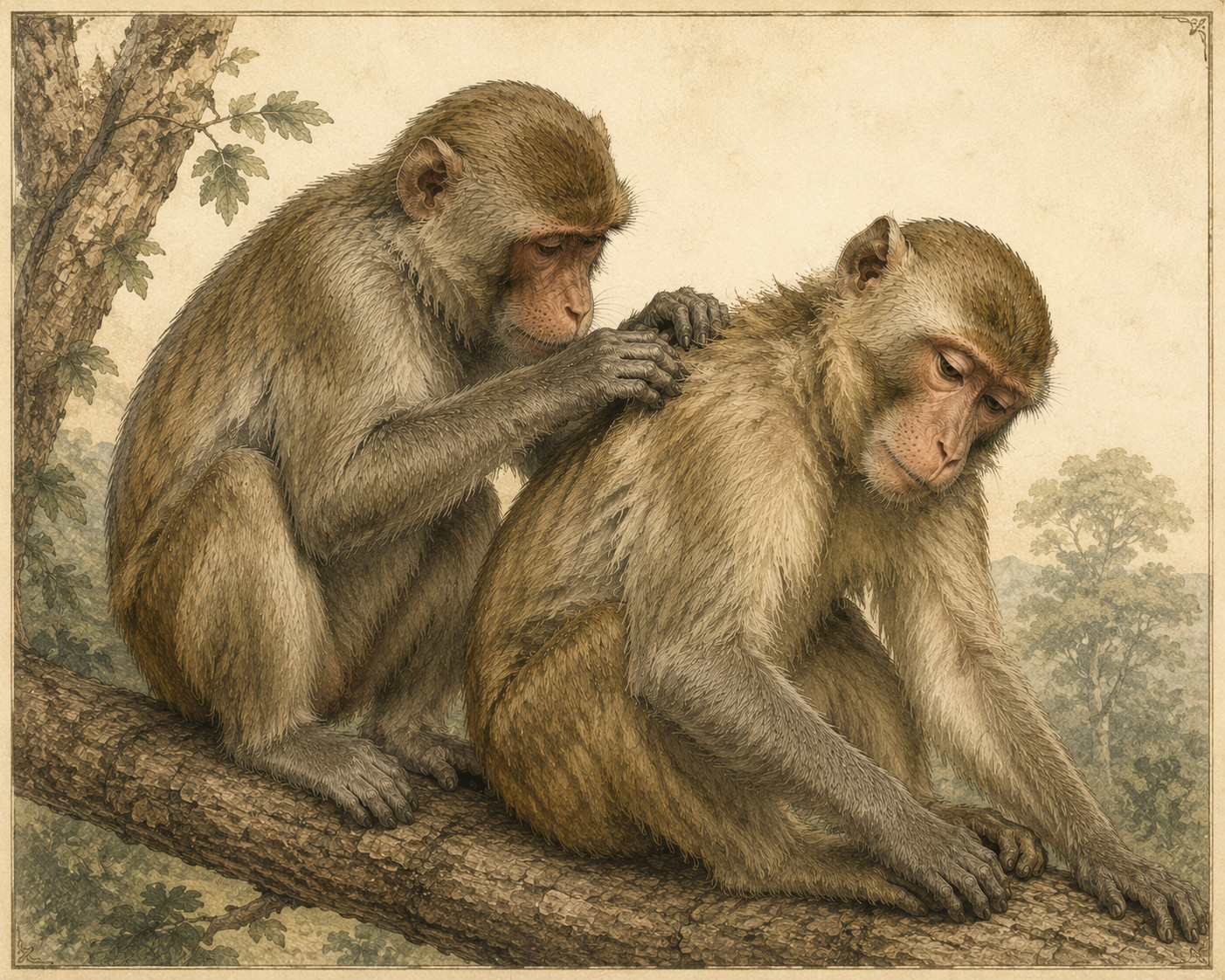 Two rhesus macaques seated on a tree branch. One parts the fur of the other's back with careful hands, performing parasite-removal grooming. Natural history illustration.