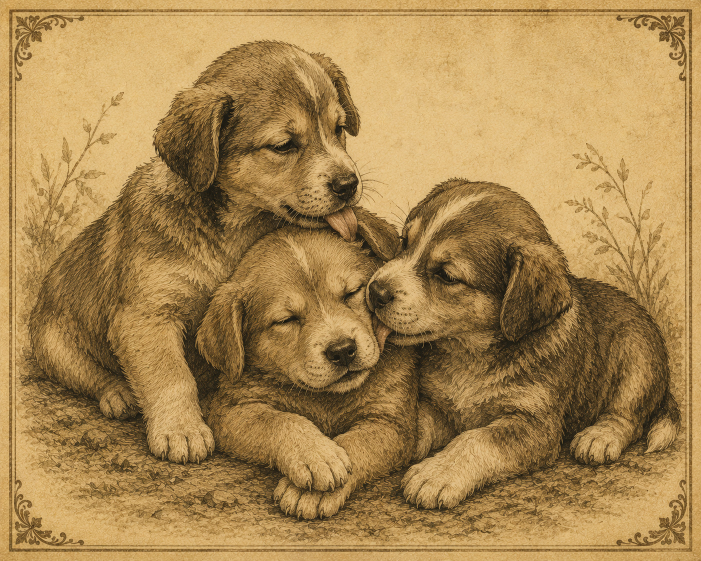 Four puppies huddled together; one licks the head of another in an allogrooming gesture. Sepia natural history illustration with botanical border.